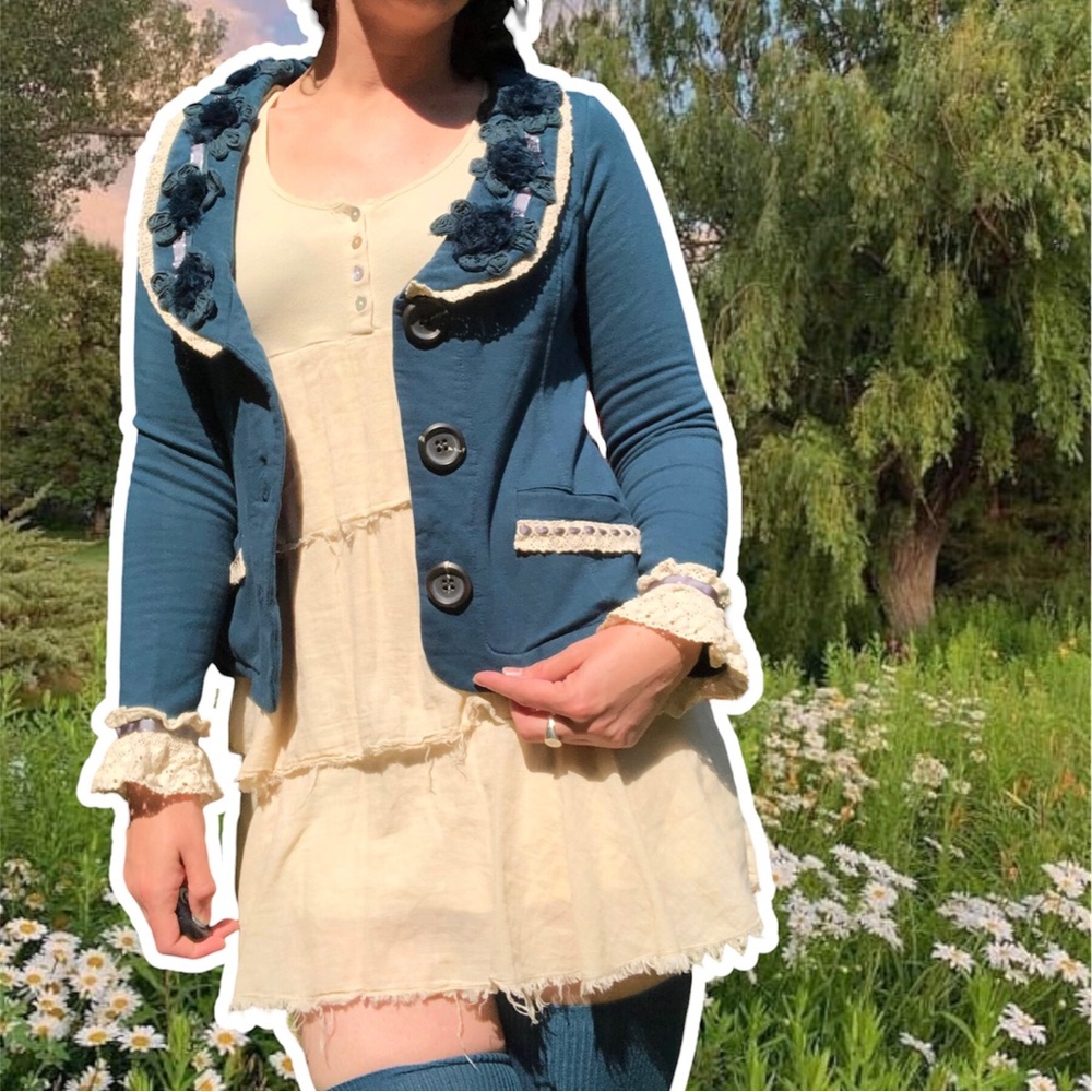 Nick & Mo Upcycled Teal and Cream Fairy Grunge Jacket, Size XS